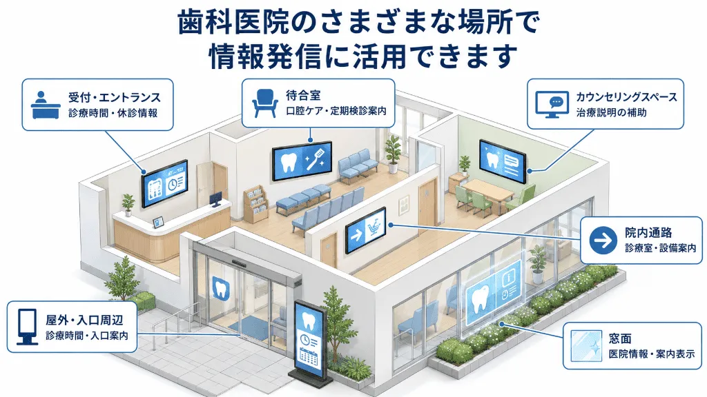 歯科医院におけるデジタルサイネージの設置場所例