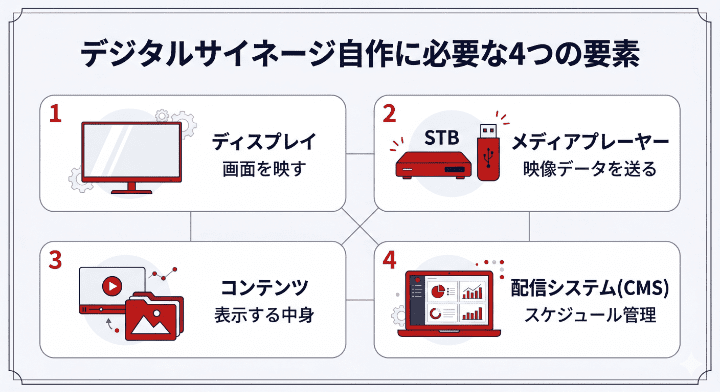 デジタルサイネージ自作に必要な4つの要素：ディスプレイ、STB（メディアプレーヤー）、コンテンツ、配信システム（CMS）の役割を図解