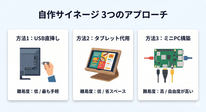 自作デジタルサイネージの3つのアプローチ：手軽なUSB直挿し、省スペースなタブレット代用、自由度の高いミニPC（Raspberry Piなど）構築の難易度比較