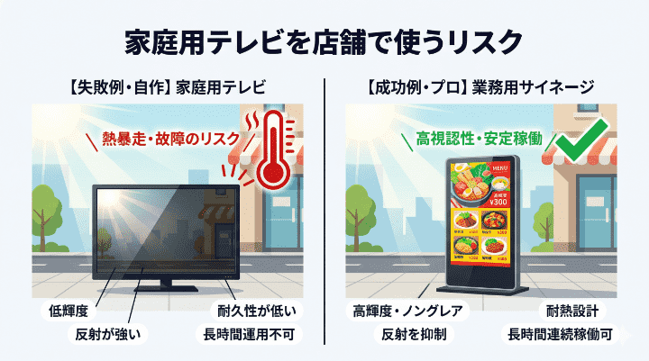 家庭用テレビを店舗サイネージとして自作利用するリスク：熱暴走や故障が起きやすい家庭用テレビと、高輝度・耐熱設計で安定稼働する業務用サイネージの比較