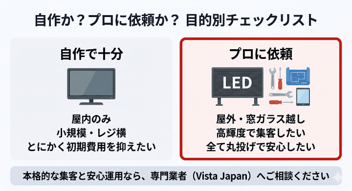 デジタルサイネージは自作かプロに依頼か？目的別チェックリスト：屋内・小規模なら自作、屋外や高輝度での集客・安心運用なら専門業者への依頼を推奨