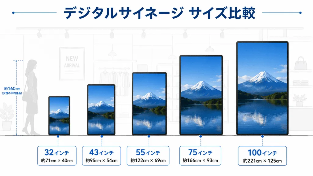 32インチ・43インチ・55インチ・75インチ・100インチのデジタルサイネージサイズ比較図