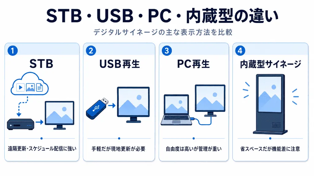 デジタルサイネージのSTB・USB再生・PC再生・内蔵型の違いを比較した図解