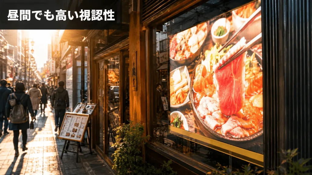 西日が差し込む飲食店の店頭で昼間でも鮮明に見える高輝度LEDビジョン