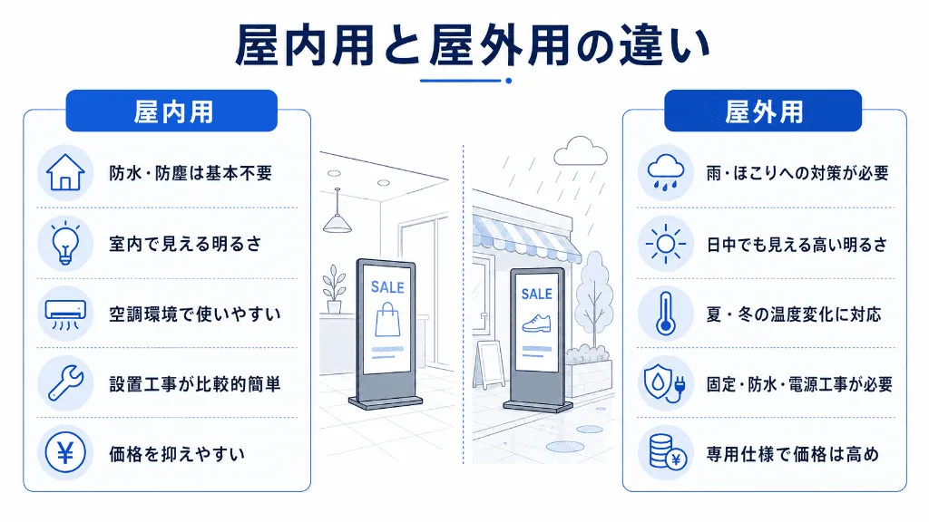屋内用と屋外用デジタルサイネージの違いを比較した図解