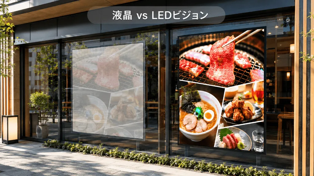 飲食店のガラス面で液晶ディスプレイとLEDビジョンの視認性を比較した画像