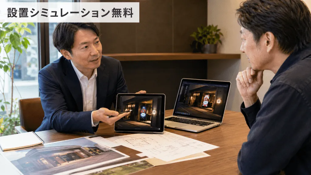 飲食店オーナーにLEDビジョンの設置シミュレーションを説明している相談風景