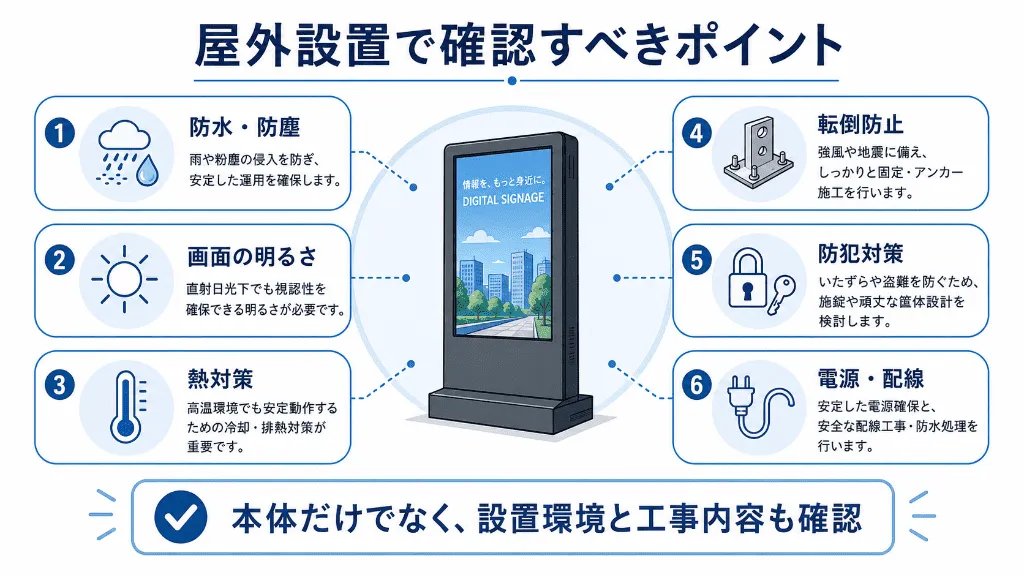 屋外デジタルサイネージ設置時に確認すべき防水・明るさ・熱対策などのポイントをまとめた図解