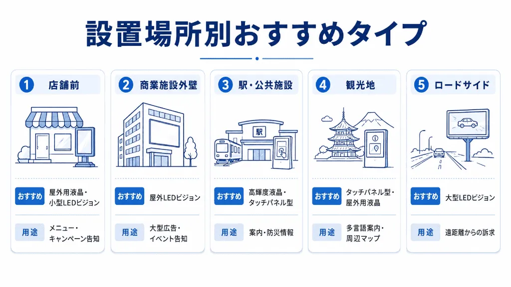 屋外デジタルサイネージの設置場所別おすすめタイプと活用例をまとめた図解